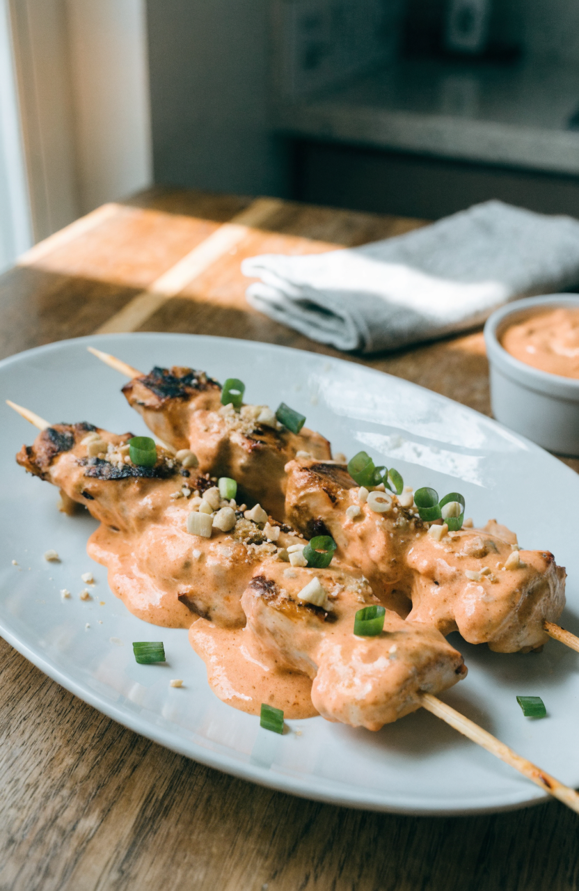 Grilled bang bang chicken kabobs on a white plate garnished with scallions and chopped peanuts