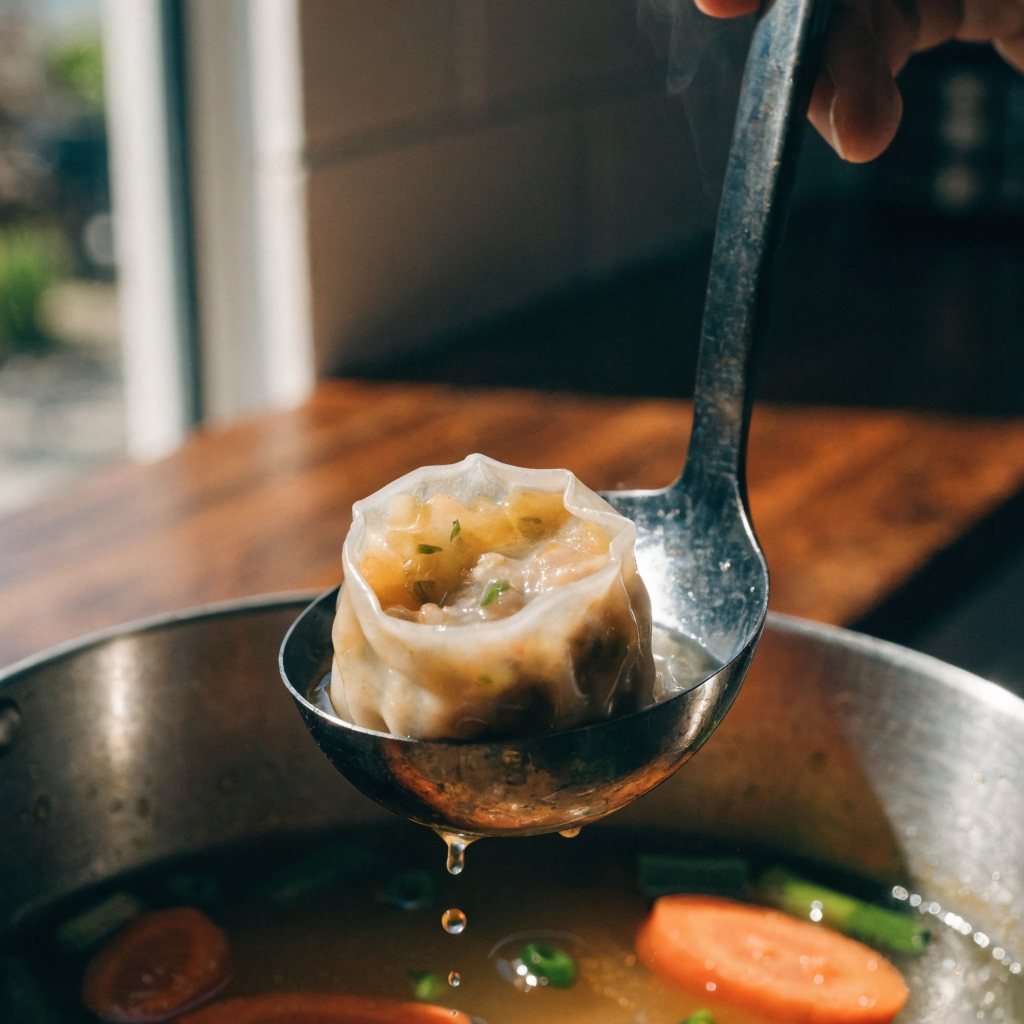 Close-up of simple potsticker soup