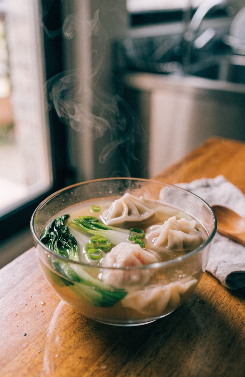 Bowl of potsticker soup with tender dumplings and bright greens