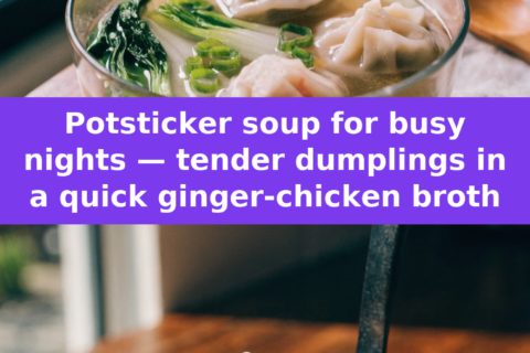Potsticker soup for busy nights — tender dumplings in a quick ginger-chicken broth Pinterest recipe pin