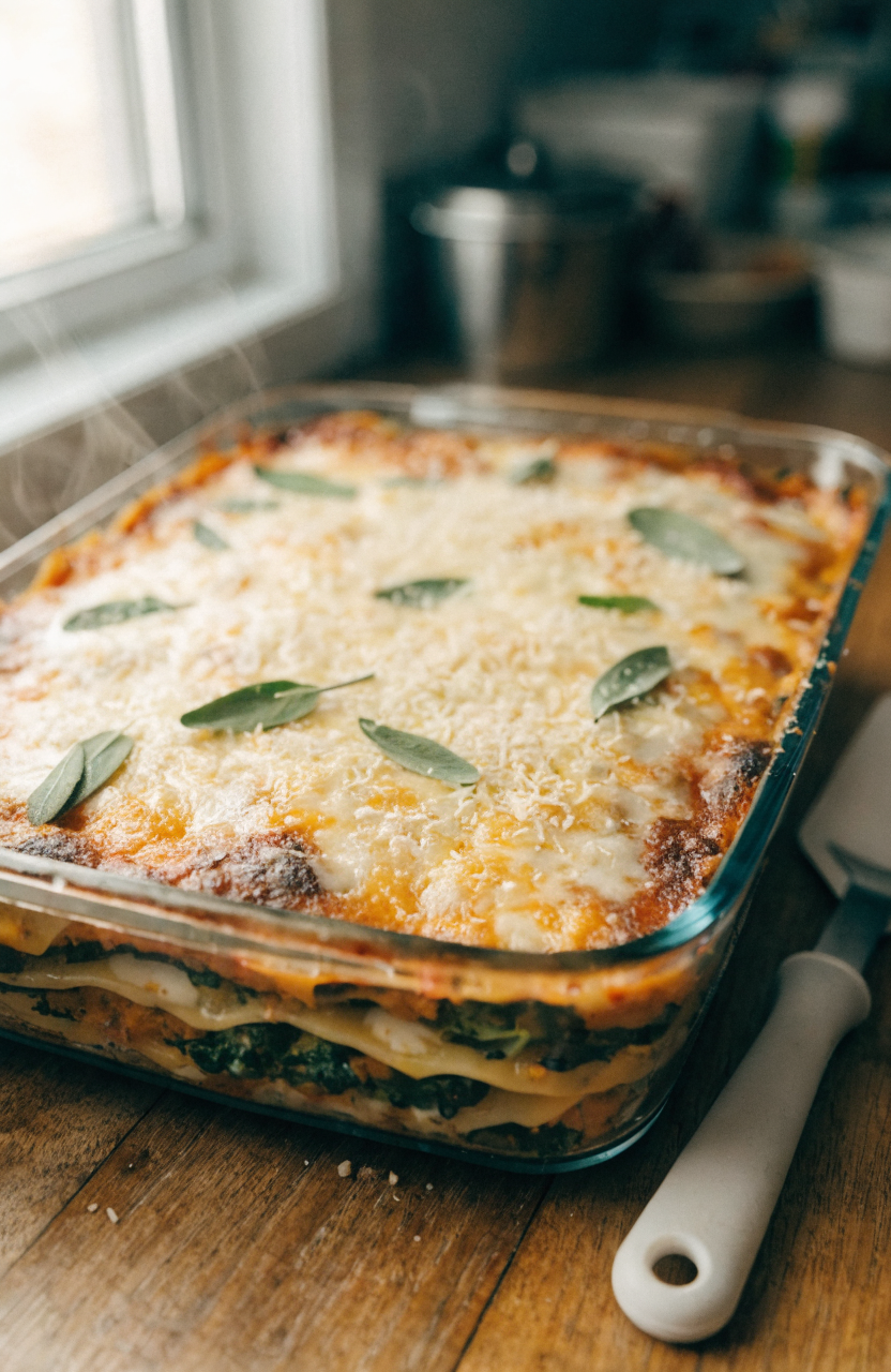 Slice of pumpkin spinach lasagna on a white plate with fresh sage