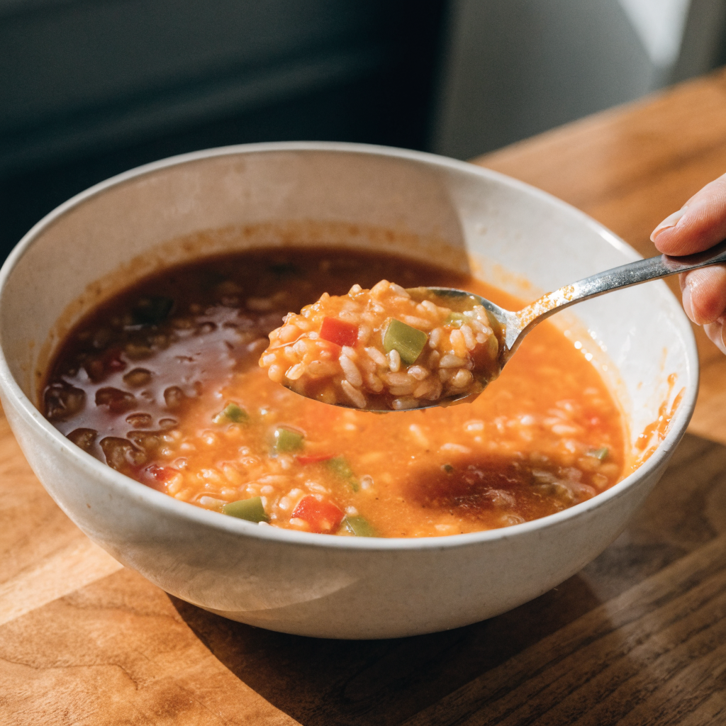 Close-up of hearty stuffed peppers soup with beef and rice