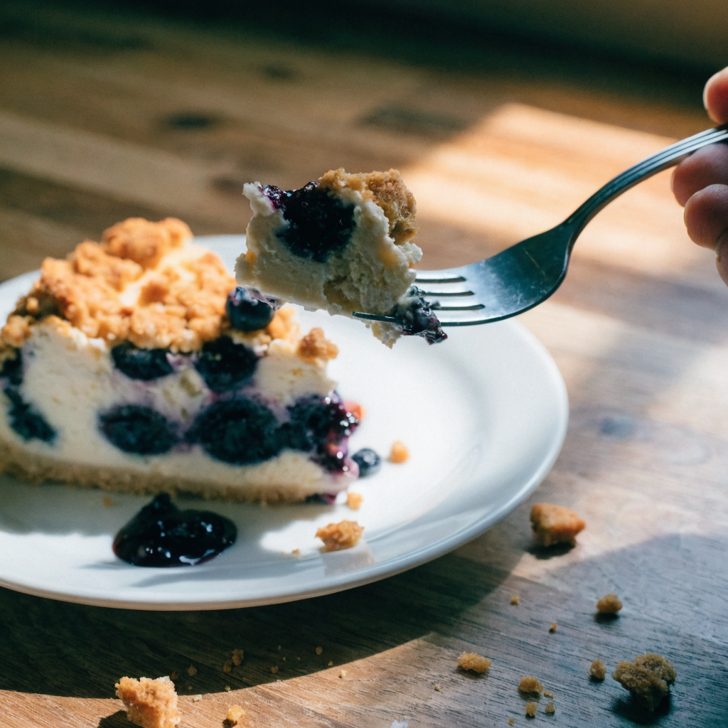 Close-up of blueberry crumble cheesecake