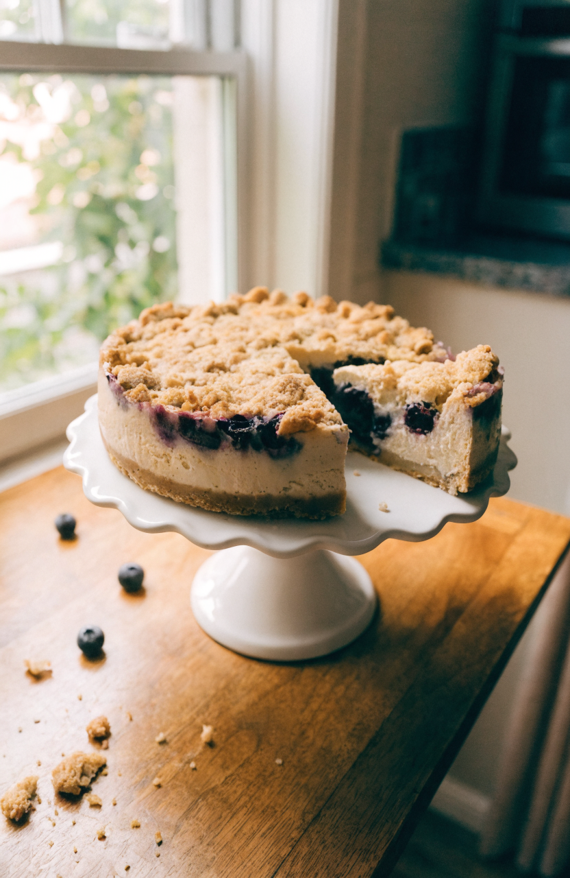 Blueberry crumble cheesecake with golden crumble topping and blueberry swirl sitting on a white plate
