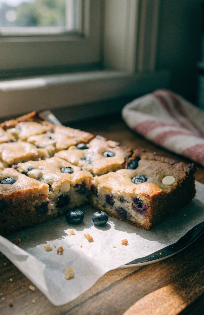 A tray of sliced blueberry white chocolate blondies with golden edges and white chocolate pockets on a wooden counter