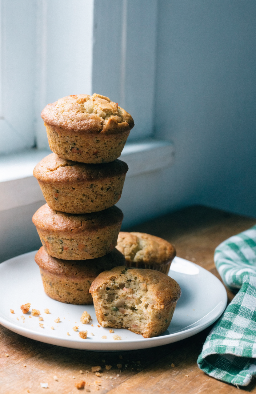 A stack of carrot cake zucchini muffins with a bite taken out on a wooden table, revealing the speckled interior