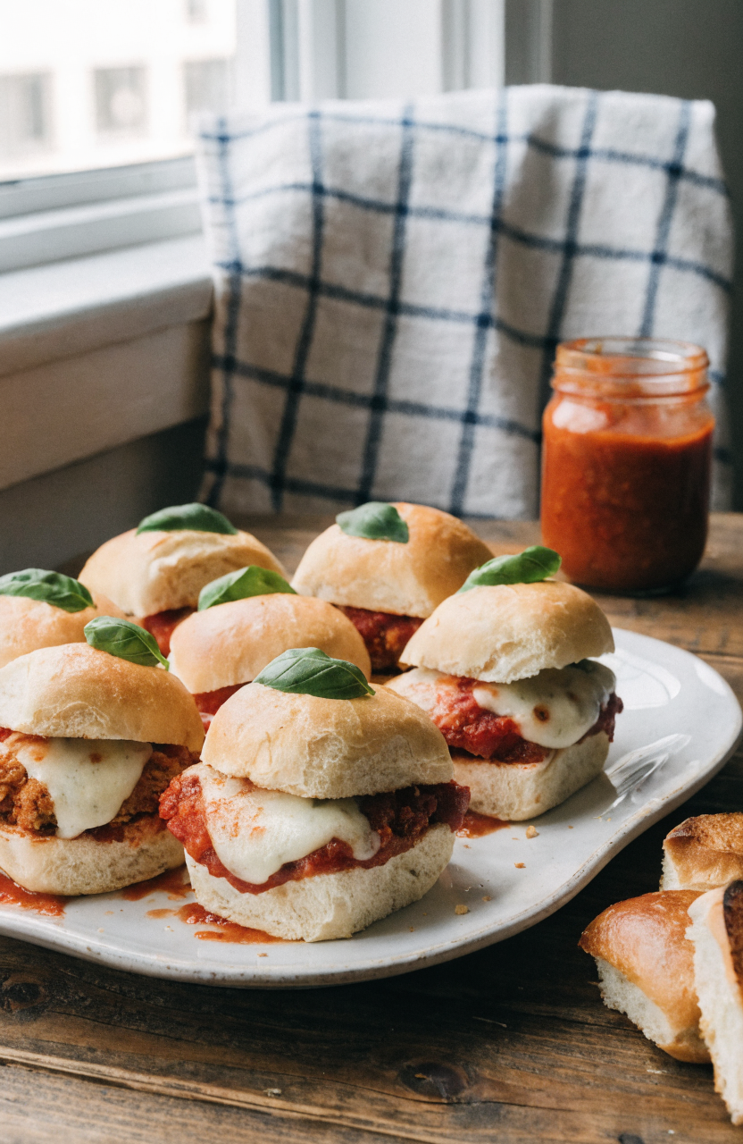 Chicken parmesan sliders on a white plate with melted mozzarella and basil