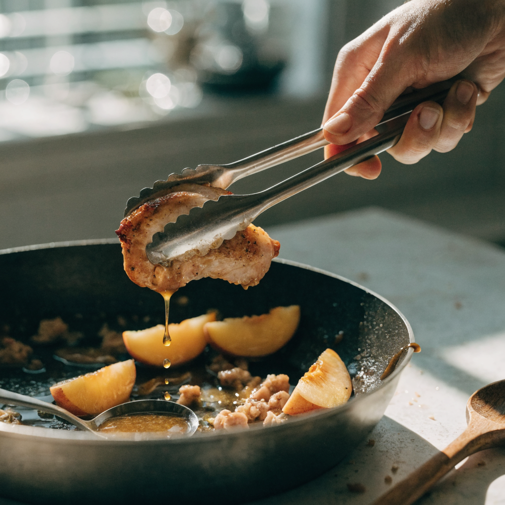 Close-up of 30-minute one-pan chicken with peaches