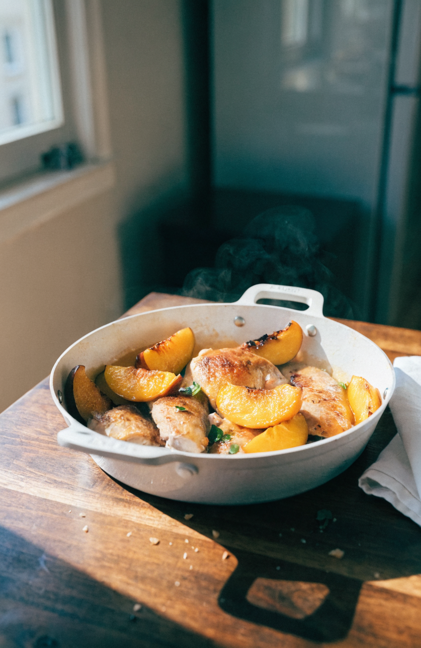 Sliced chicken with peaches on a white skillet