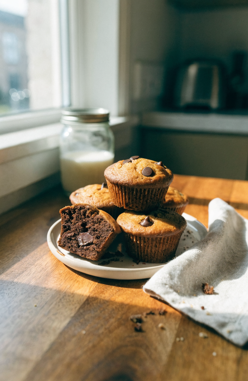 A rack of chocolate chip zucchini muffins with a couple split open showing crumb and melted chips