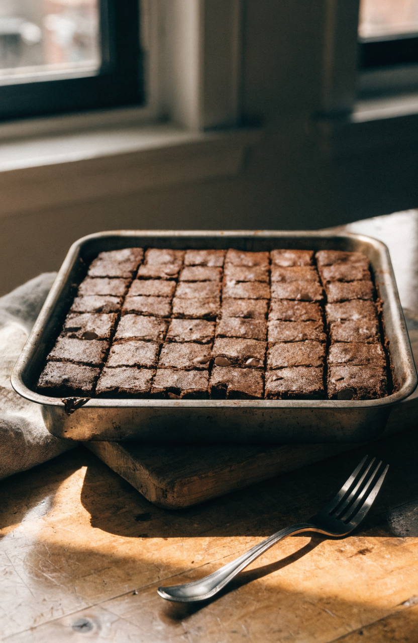 A pan of sliced dark chocolate zucchini brownies with fork and napkin on a wooden counter showing fudgy texture and crumbs
