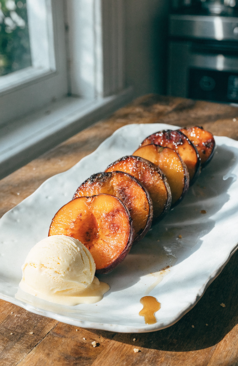Grilled peaches with cinnamon and brown sugar served warm on a white platter with melting ice cream and fresh mint, visible char marks