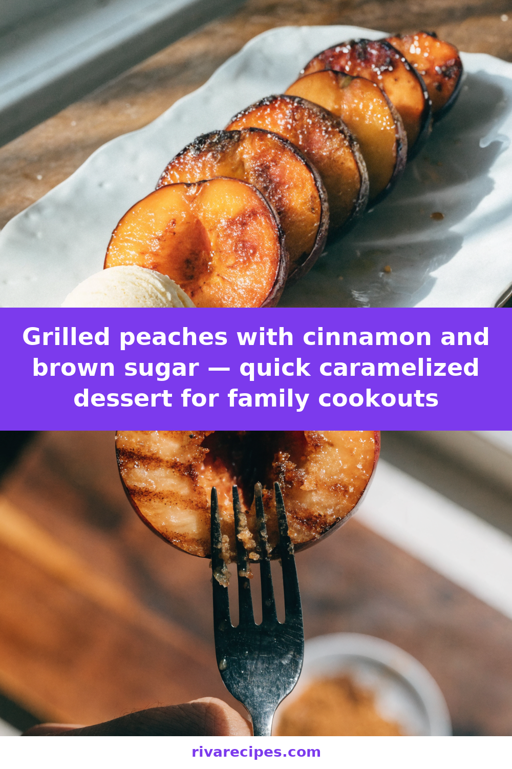 Grilled peaches with cinnamon and brown sugar — quick caramelized dessert for family cookouts Pinterest recipe pin