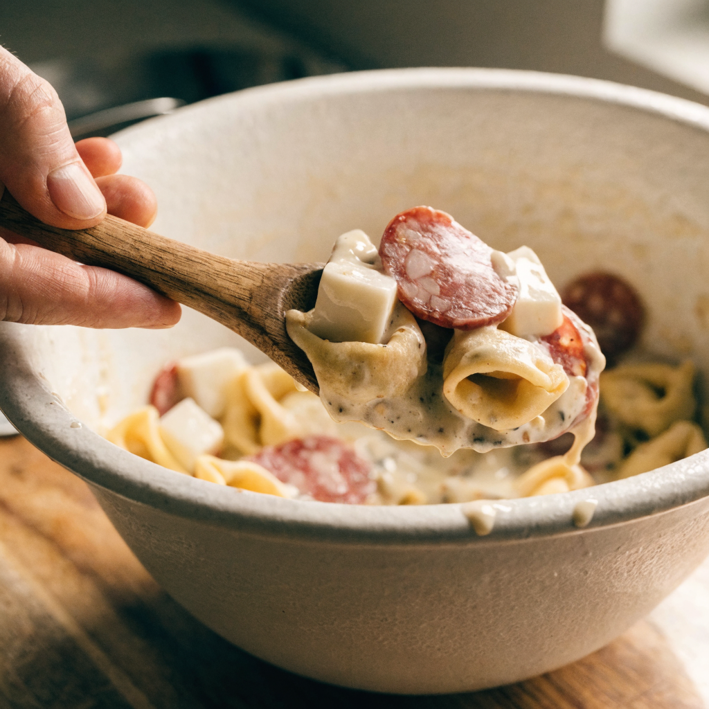Close-up of italian tortellini grinder salad