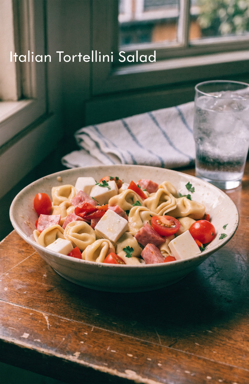 Bowl of Italian tortellini salad with provolone cubes and chopped vegetables