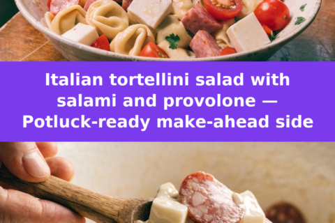 Italian tortellini salad with salami and provolone — Potluck-ready make-ahead side Pinterest recipe pin
