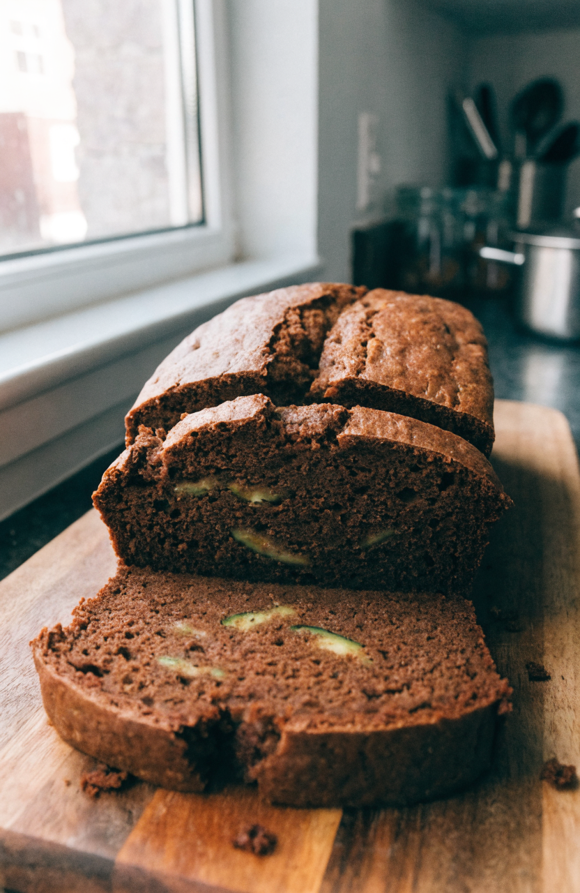 Sliced keto chocolate zucchini bread on a wooden board with a single slice showing moist crumb