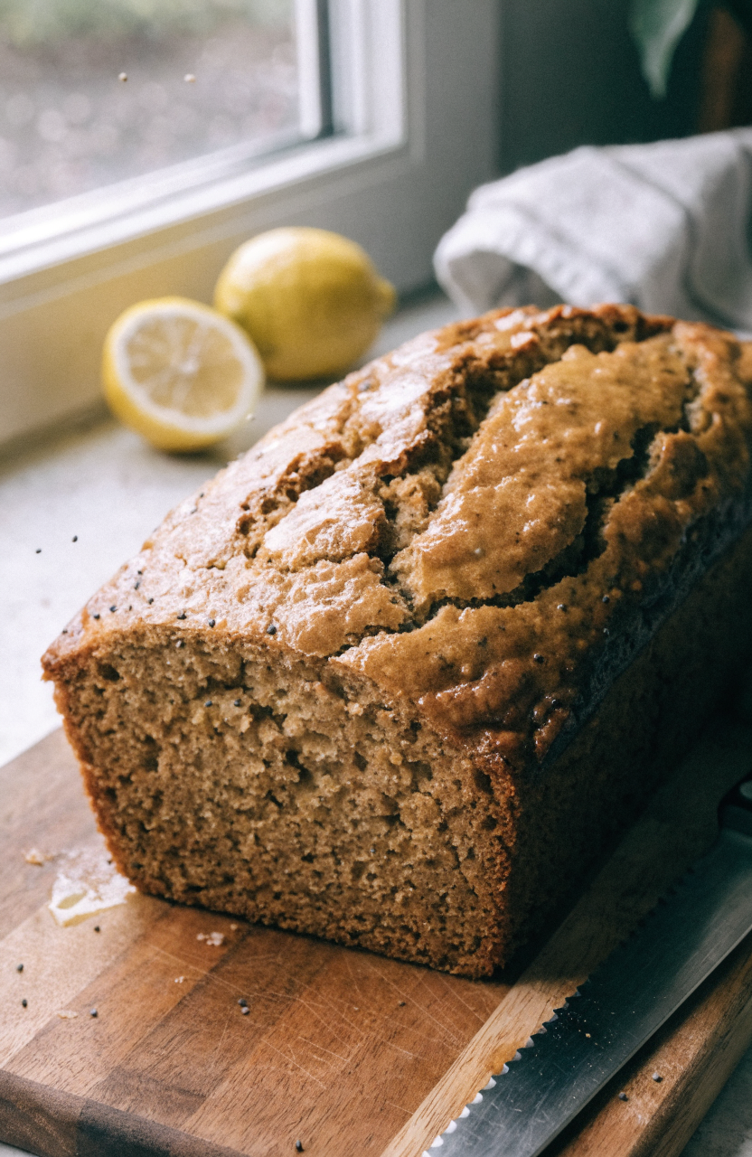 Loaf of lemon poppy seed zucchini bread on a wooden board with lemon slices and poppy seeds