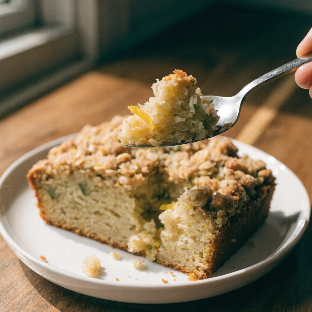 Close-up of lemon zucchini coffee cake with simple streusel