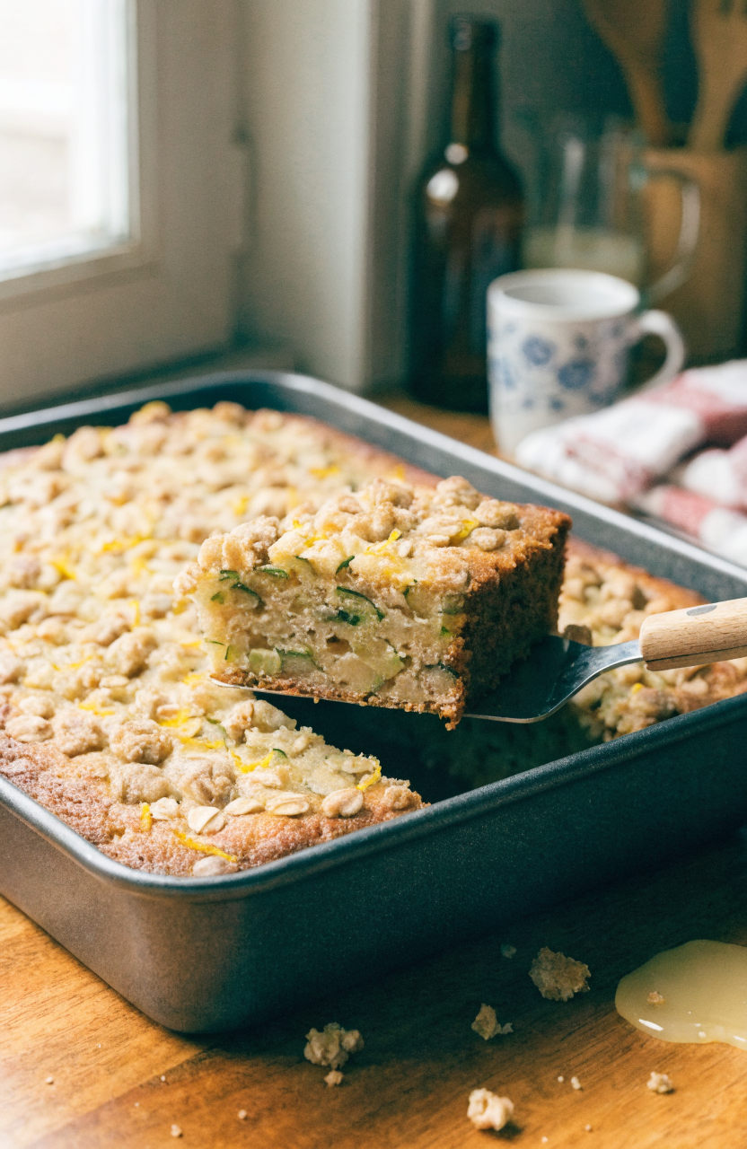 Sliced lemon zucchini coffee cake on a white plate with streusel topping and lemon zest