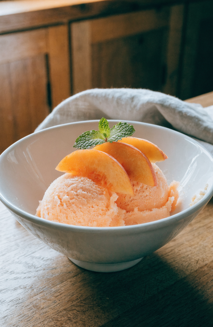 A bowl of peach sorbet garnished with thin peach slices and mint, visible with a wooden spoon