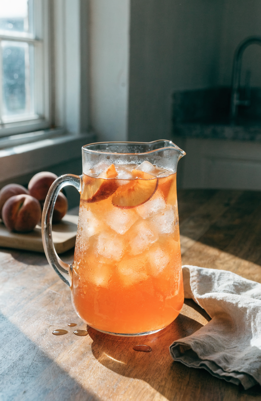 Pitcher of chilled peach tea with ice and peach slices on a wooden table