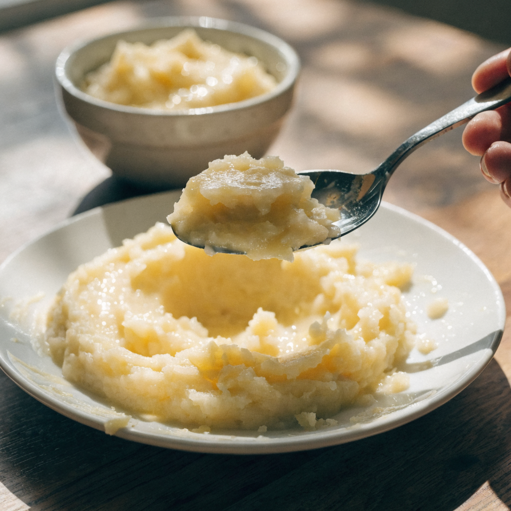 Close-up of roasted garlic mashed potatoes