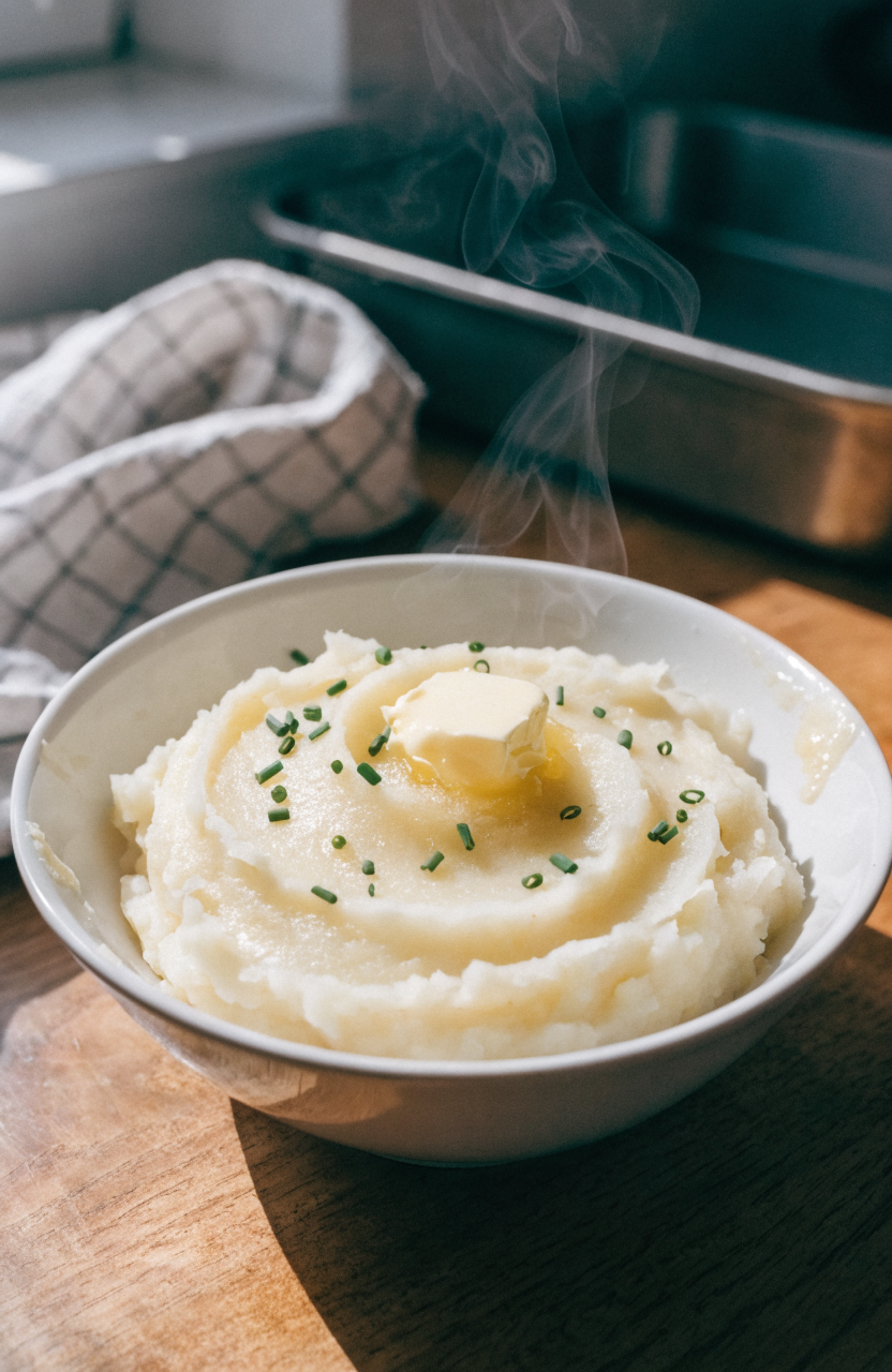 A steaming bowl of roasted garlic mashed potatoes in a white bowl with a pat of butter and chopped chives