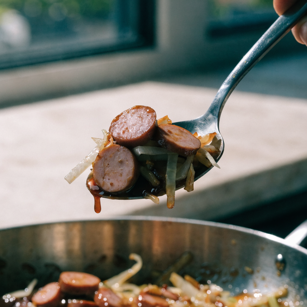 Close-up of 30-minute sausage and cabbage stir fry