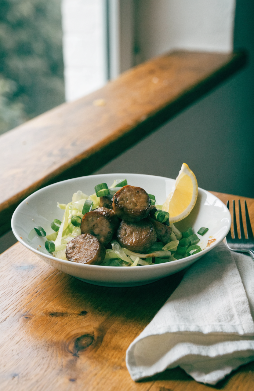 Sausage and cabbage stir fry on a white plate with green onion garnish