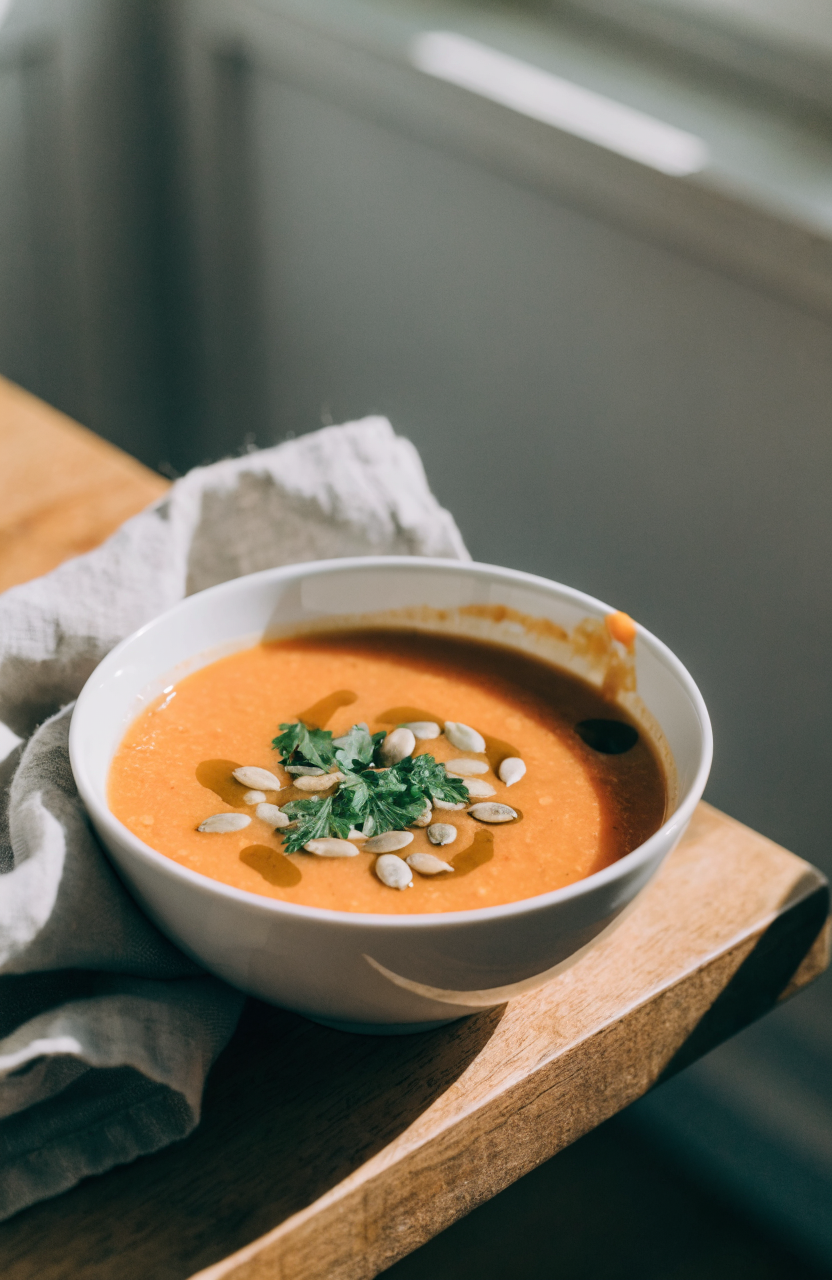 Bowl of spiced carrot ginger soup garnished with parsley and pumpkin seeds in a white bowl on a wooden table