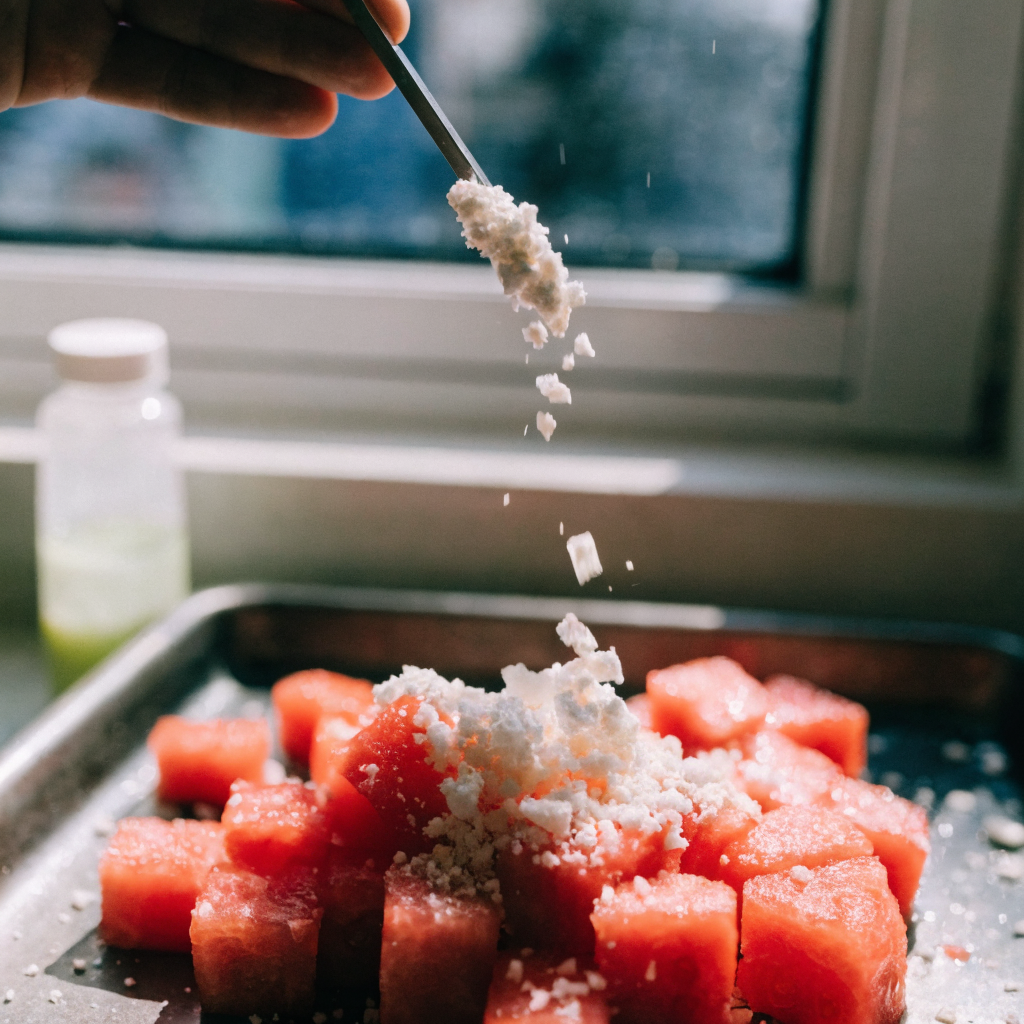 Close-up of watermelon tajin skewers with lime, mint & cotija