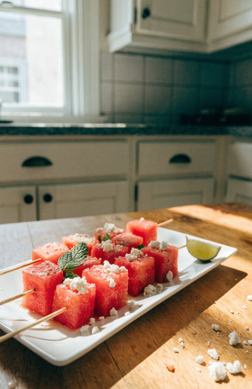 Watermelon tajin skewers arranged on a white platter with lime wedges and crumbled cotija