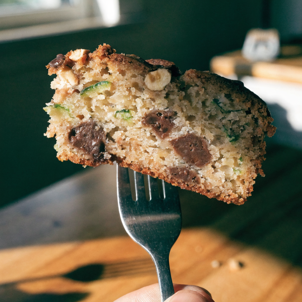 Close-up of zucchini hazelnut chocolate chip cake