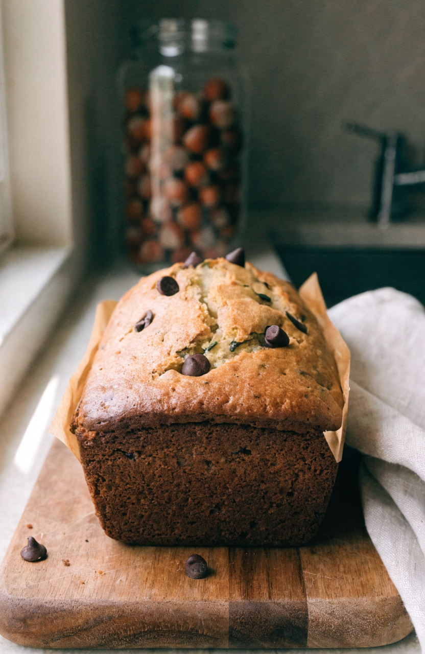 Loaf of zucchini hazelnut chocolate chip cake on a wooden board with slices showing nuts and chips